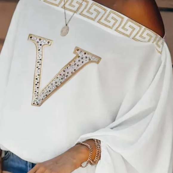 chic Tops - Chic White Off-Shoulder Blouse with Gold Accents